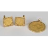 A pair of 9ct gold square cufflink mounts, each fitted with an Austria gold four florins/ten