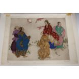 Elyse Ashe Lord - Japanese Ladies playing Kemari, etching with drypoint and hand-colouring, signed