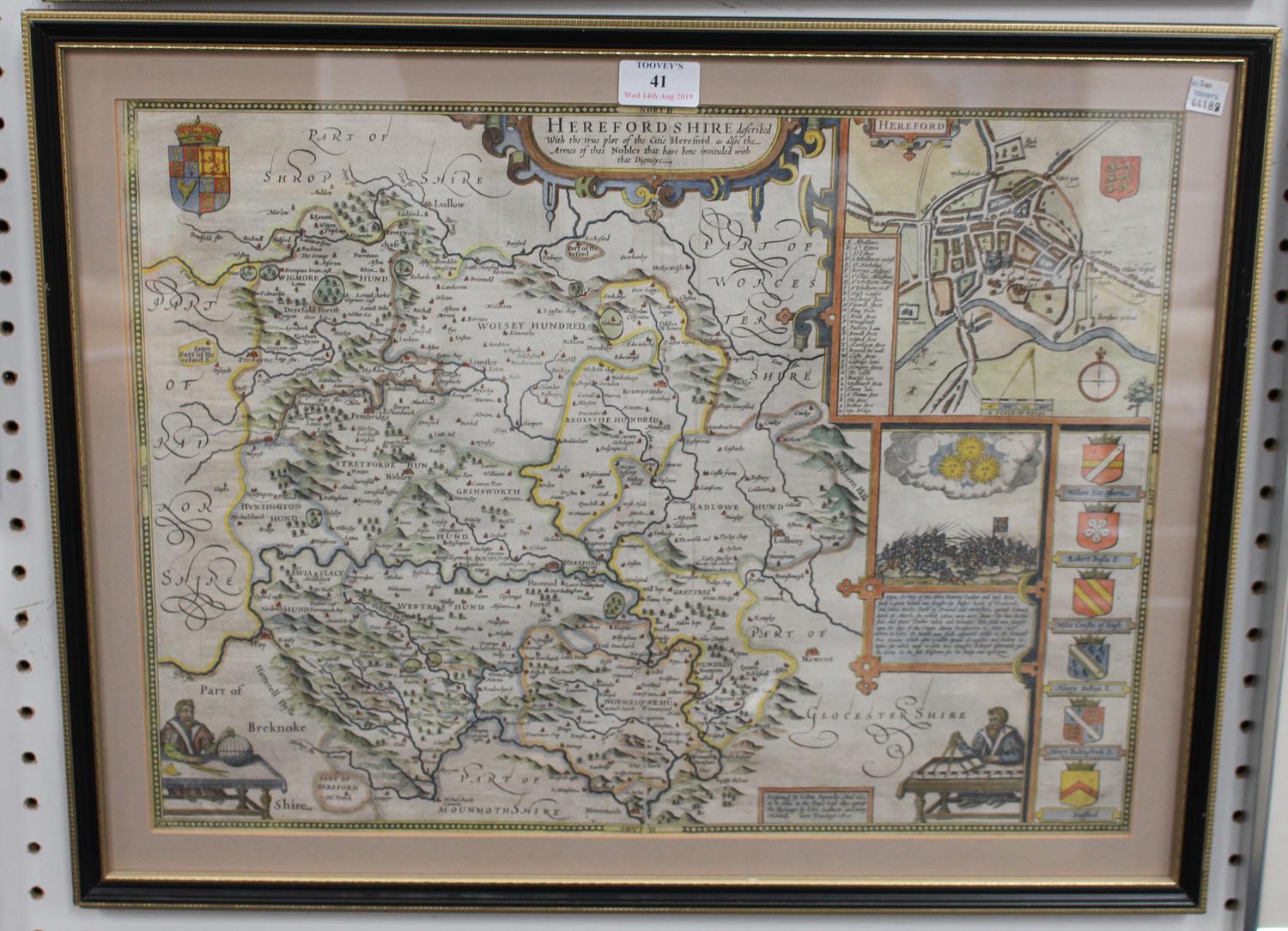 John Speed - 'Herefordshire Described' (Map of the County), 17th century engraving with later hand-