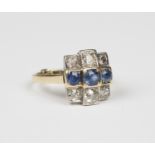 A gold, diamond and sapphire ring, mounted with a row of three cushion shaped sapphires between