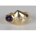 A gold, diamond and cabochon amethyst ring in an abstract design, mounted with an oval cabochon