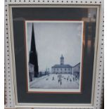 After L.S. Lowry - Street Scene with Figures and Church, colour print, editioned 154/850, 42cm x