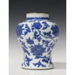 A Chinese blue and white porcelain vase, Kangxi period, of baluster form, painted with a design of