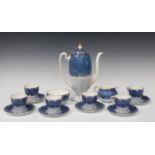 A Royal Doulton blue and gilt banded part coffee set, 20th century, comprising coffee pot and cover,