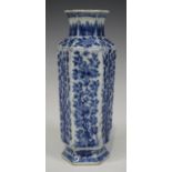 A Chinese blue and white porcelain vase, Kangxi period, of hexagonal form, painted with panels of