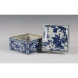 A Chinese blue and white porcelain box and cover, mark of Wanli but later, of square section, the