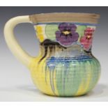 A Clarice Cliff Bizarre Delecia Pansies pattern jug, shape No. 635, printed, painted and moulded