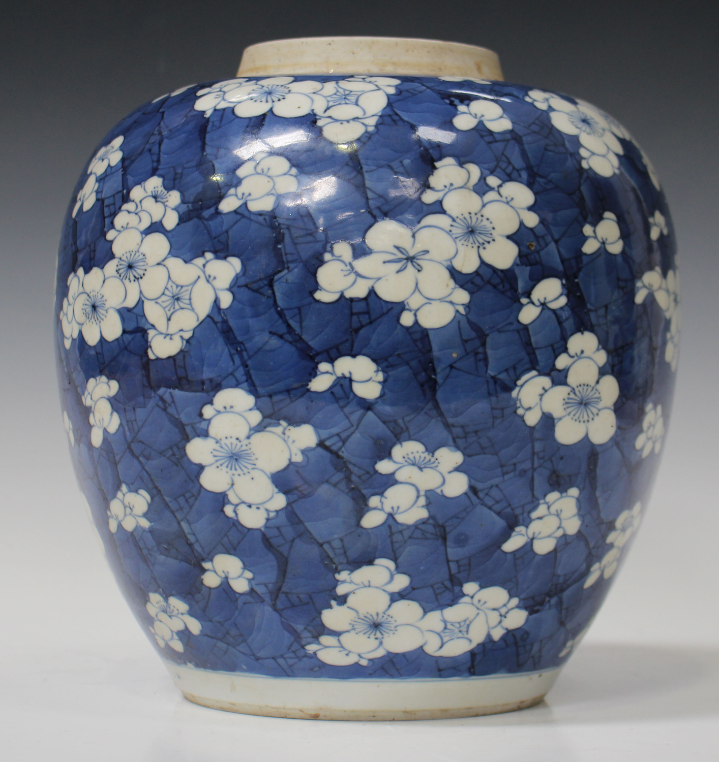 A Chinese blue and white porcelain ginger jar, Kangxi period, of ovoid form, painted with prunus - Image 2 of 4