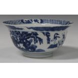 A Chinese blue and white porcelain circular bowl with flared rim, mark of Chenghua but Kangxi