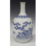 A Japanese Hirado blue and white porcelain sake bottle (tokkuri), Meiji period, the ovoid body