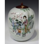 A Chinese famille rose porcelain ginger jar, Republic period, the ovoid body painted with a maiden