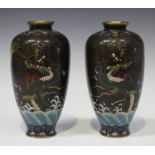 A pair of Japanese cloisonné vases, Meiji period, each of elongated ovoid form, decorated with a