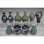 A group of ten Chinese miniature vases, 20th century and later, including a pair of celadon