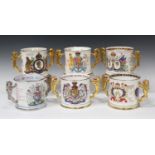 Six Paragon China large commemorative loving cups, including one commemorating the Golden Jubilee,