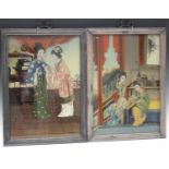 A pair of Chinese reverse paintings on glass, 20th century, each painted with two maidens in an