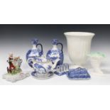 A mixed group of decorative ceramics, including a pair of Cauldon blue printed Chariot pattern