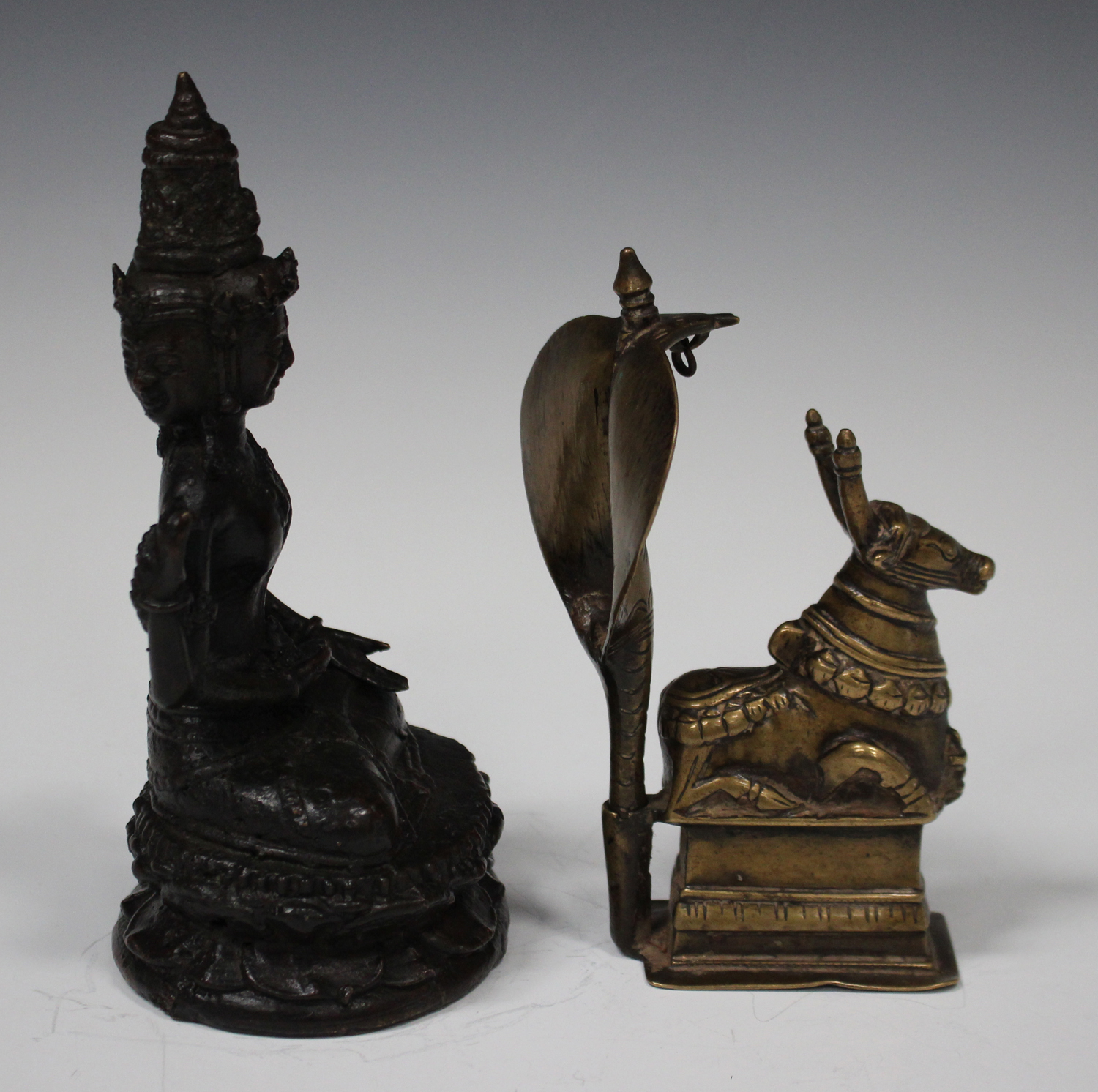 An Indian brass figure group of the Nandi bull with detachable naga (cobra) hood, 19th century, on a - Image 2 of 4