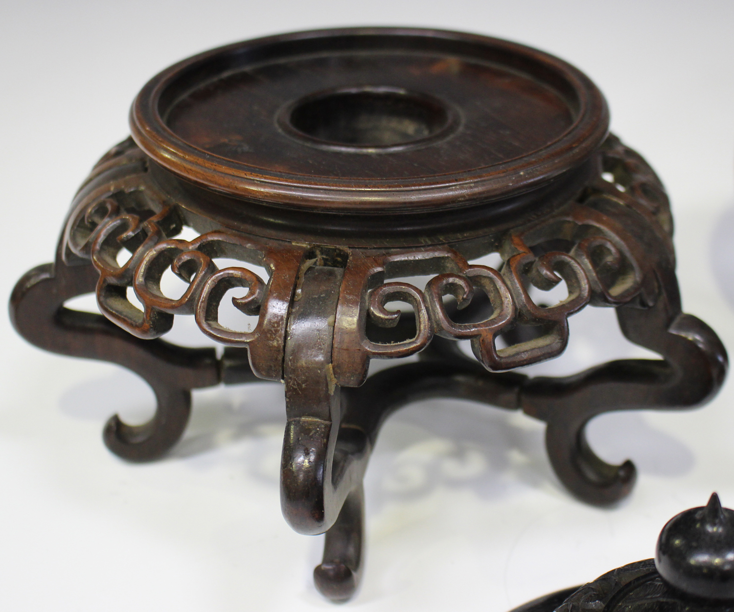 A Chinese hardwood domed cover/lid, late Qing dynasty, carved and pierced in the form of lotus - Image 2 of 5