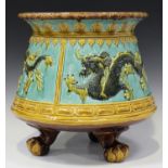 A large majolica jardinière of Minton type, late 19th century, the tapered cylindrical body