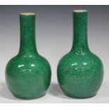 A pair of Chinese green crackle glazed porcelain bottle vases, early 20th century, each globular