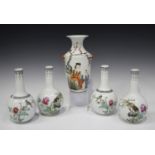 Two pairs of Chinese famille rose porcelain bottle vases, 20th century, each globular body painted