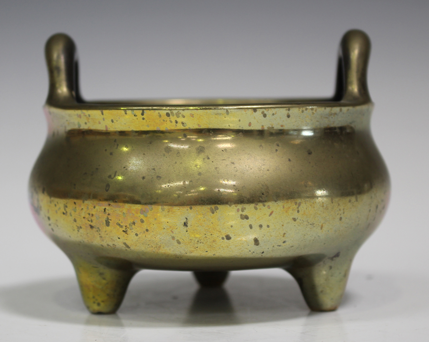 A Chinese polished bronze bombé censer, mark of Xuande but late Qing dynasty, of low-bellied - Image 6 of 7