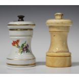 A Meissen porcelain pepper mill, early 20th century, painted with flowers within gilt banding,