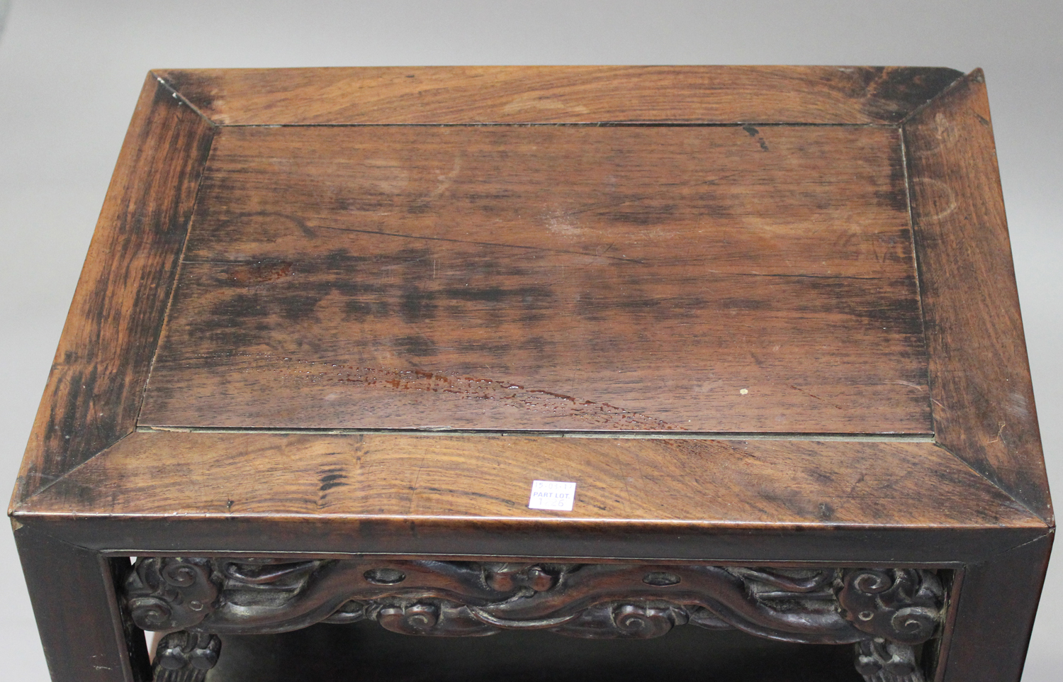 A pair of Chinese hardwood two-tier stands, late 19th century, each rectangular panelled top above a - Image 3 of 8
