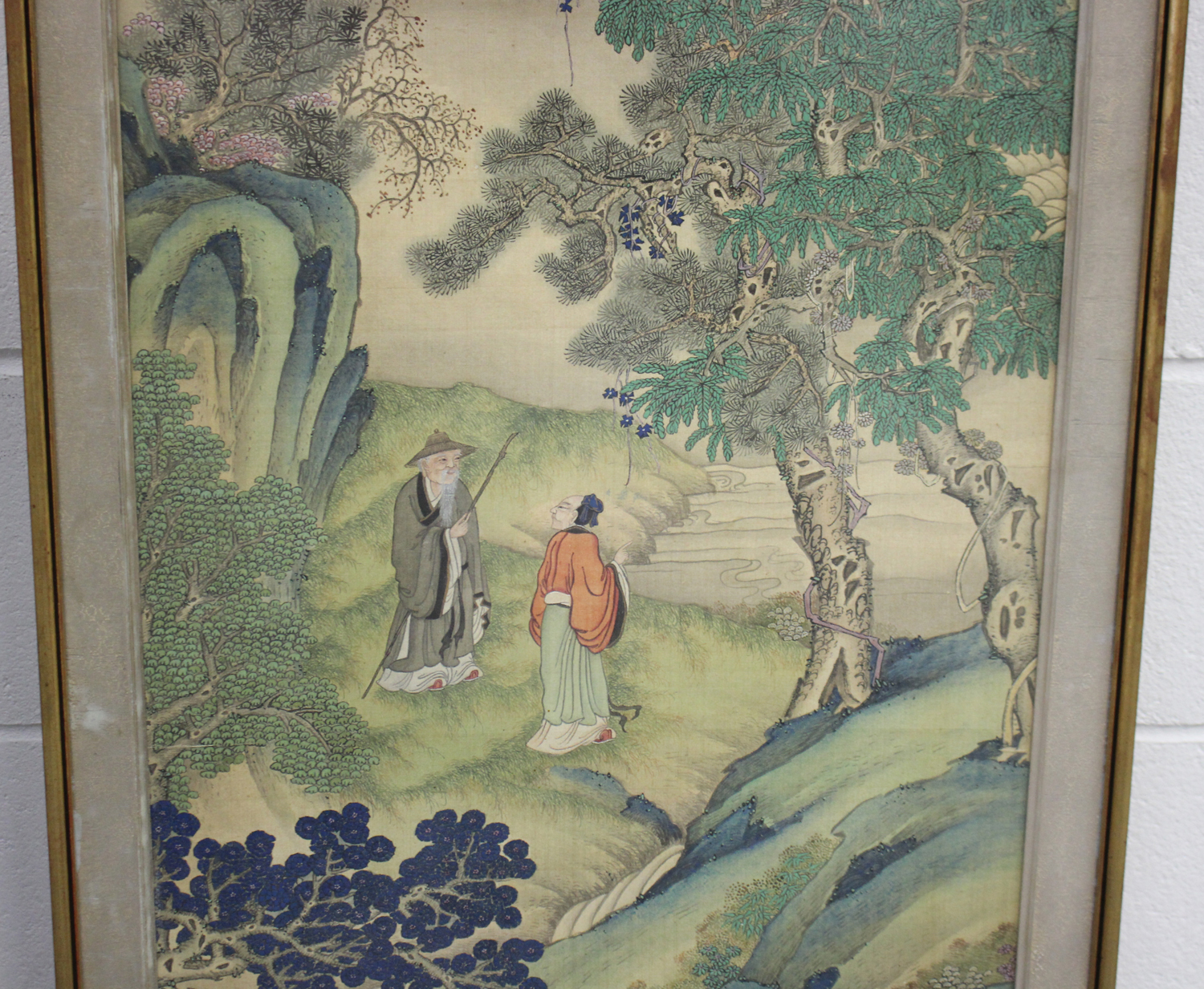 A Chinese watercolour painting on silk, early 20th century, depicting two figures standing in a - Image 3 of 6