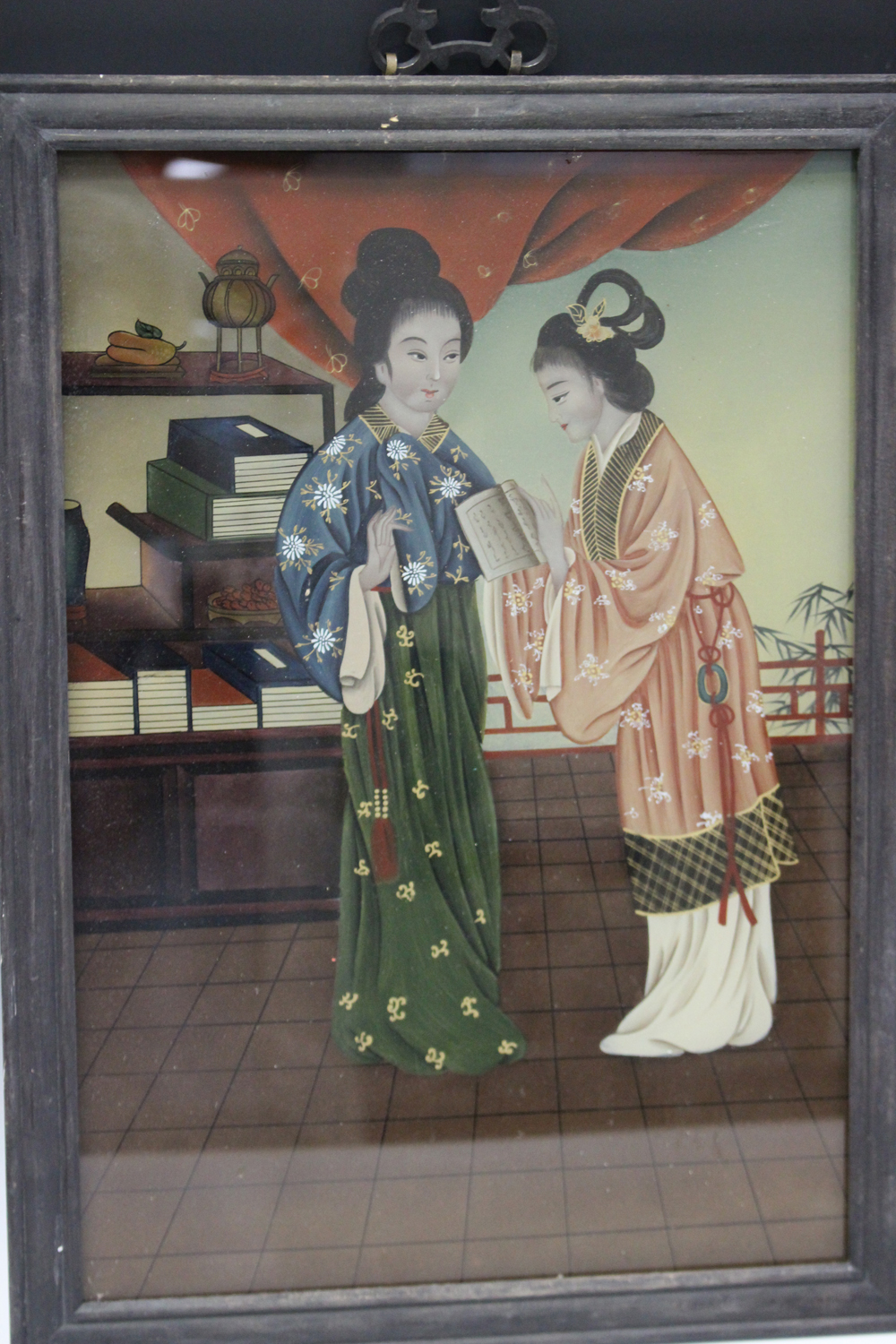 A pair of Chinese reverse paintings on glass, 20th century, each painted with two maidens in an - Image 3 of 3