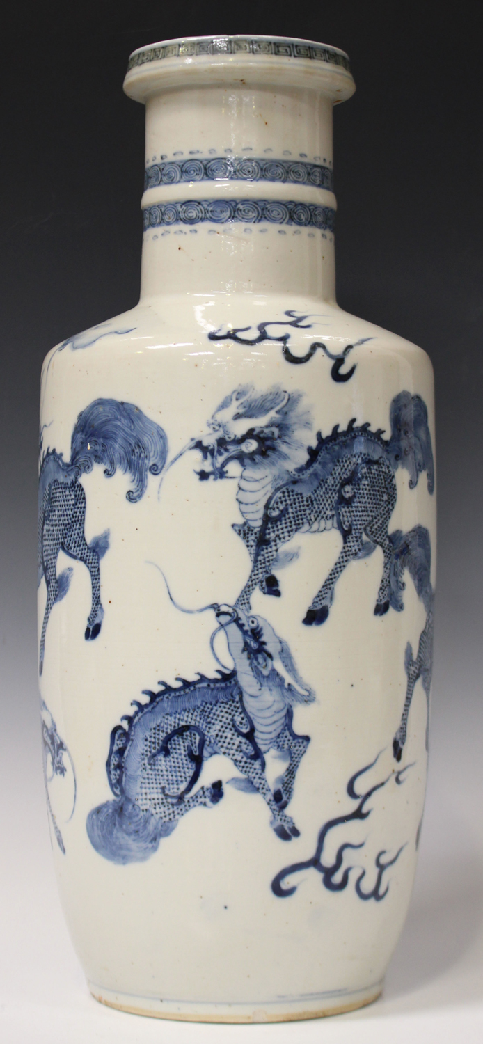 A Chinese blue and white porcelain rouleau vase, Mark of Kangxi but late Qing dynasty, the body - Image 3 of 7