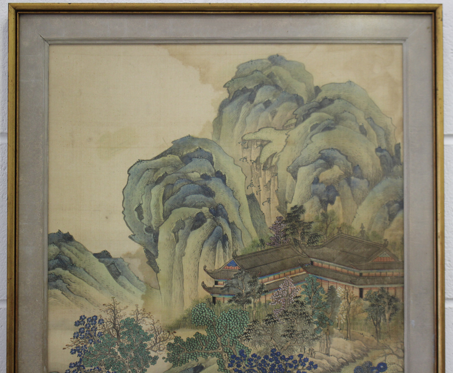 A Chinese watercolour painting on silk, early 20th century, depicting two figures standing in a - Image 6 of 6