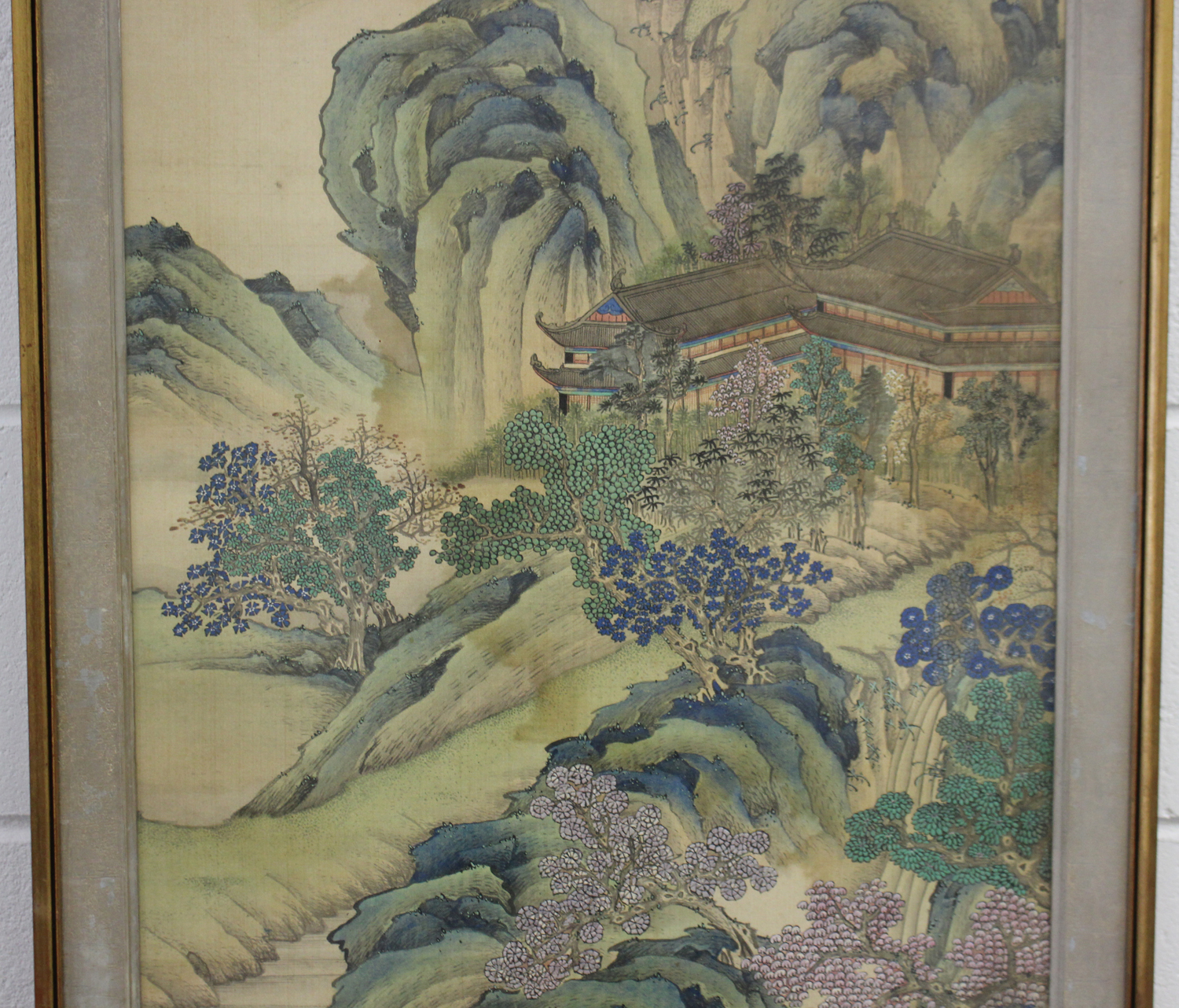 A Chinese watercolour painting on silk, early 20th century, depicting two figures standing in a - Image 5 of 6