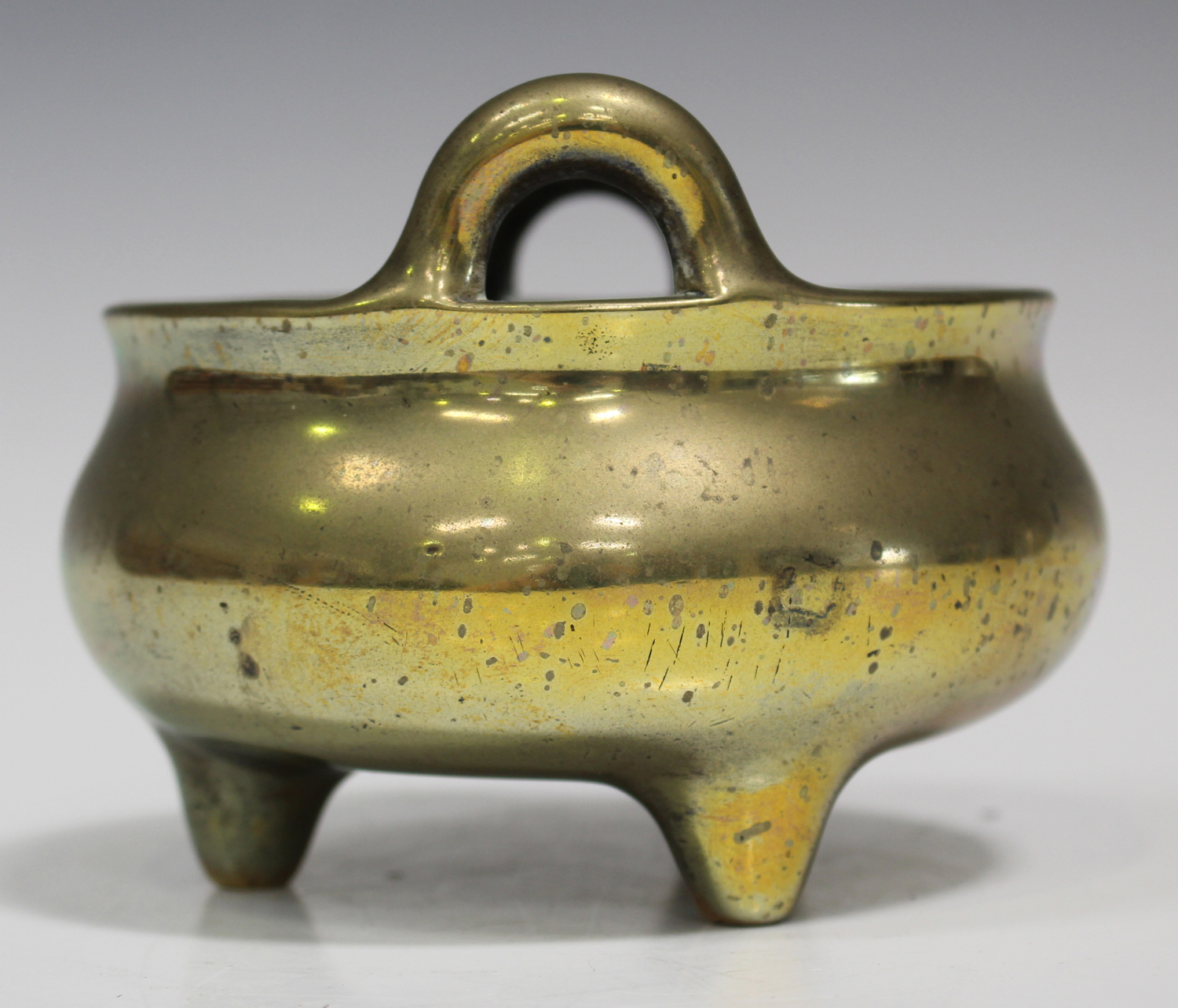 A Chinese polished bronze bombé censer, mark of Xuande but late Qing dynasty, of low-bellied - Image 7 of 7