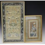 A pair of Chinese silk embroidered sleeve panels, late Qing dynasty, joined as one, worked in