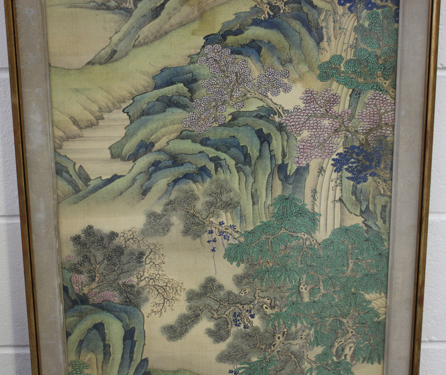 A Chinese watercolour painting on silk, early 20th century, depicting two figures standing in a - Image 4 of 6