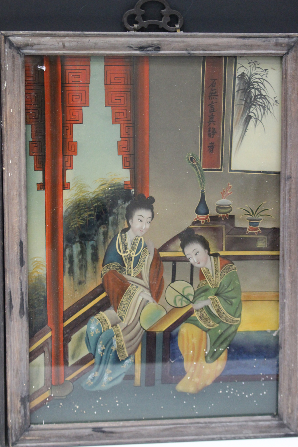 A pair of Chinese reverse paintings on glass, 20th century, each painted with two maidens in an - Image 2 of 3