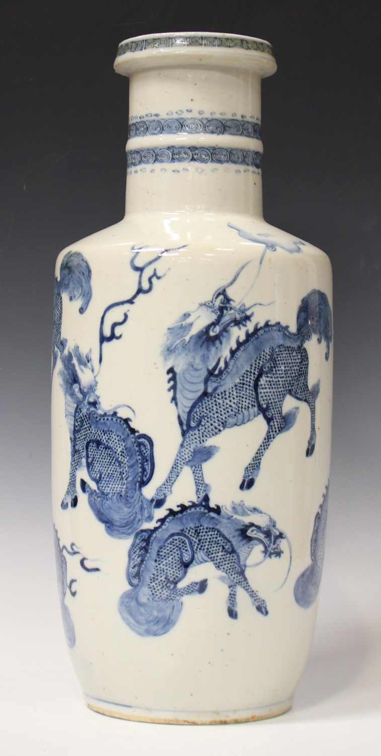 A Chinese blue and white porcelain rouleau vase, Mark of Kangxi but late Qing dynasty, the body - Image 2 of 7