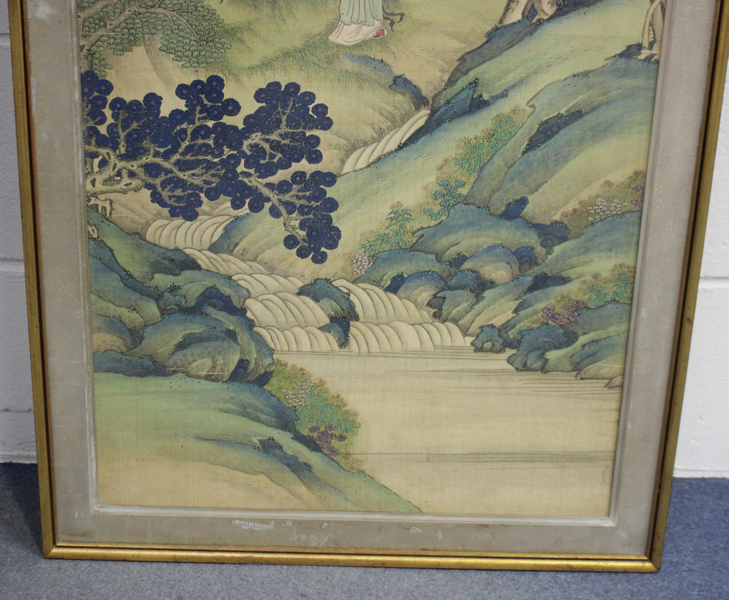 A Chinese watercolour painting on silk, early 20th century, depicting two figures standing in a - Image 2 of 6