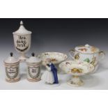 A group of decorative ceramics, late 19th century and later, including a pair of maiolica drug