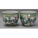 A pair of Chinese famille verte enamelled porcelain fish bowls/jardinières, late Qing dynasty,