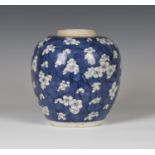 A Chinese blue and white porcelain ginger jar, Kangxi period, of ovoid form, painted with prunus