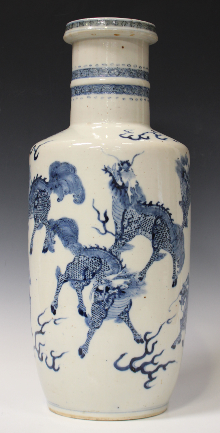 A Chinese blue and white porcelain rouleau vase, Mark of Kangxi but late Qing dynasty, the body - Image 4 of 7