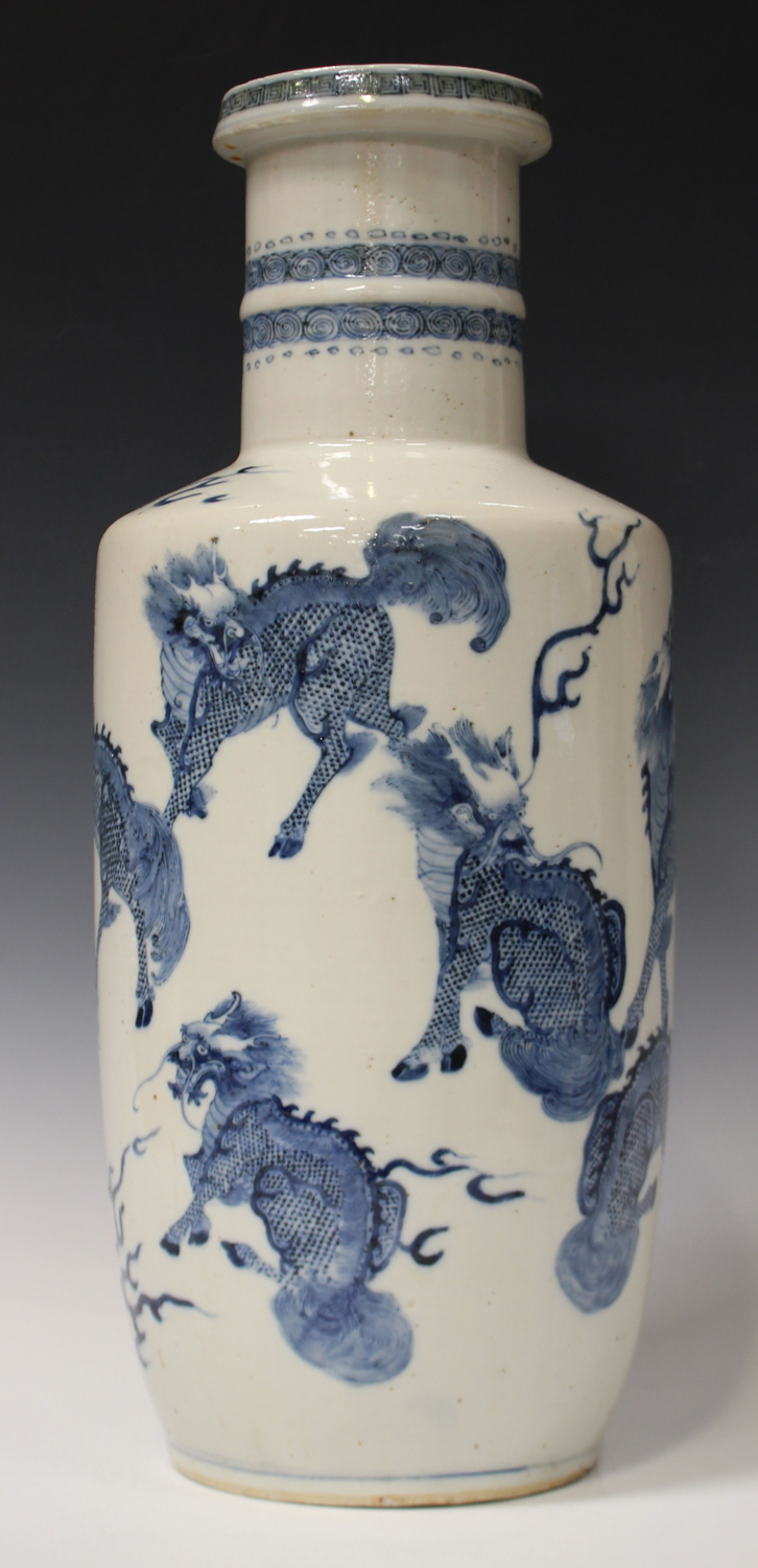 A Chinese blue and white porcelain rouleau vase, Mark of Kangxi but late Qing dynasty, the body - Image 5 of 7