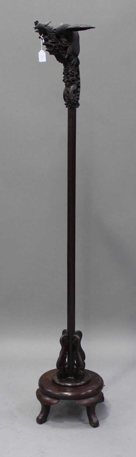 A Chinese hardwood lantern stand, Qianlong style but 20th century, the turned column surmounted with - Image 6 of 6