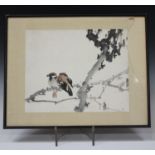 A Chinese watercolour painting, 20th century, depicting two sparrows perched side-by-side on a