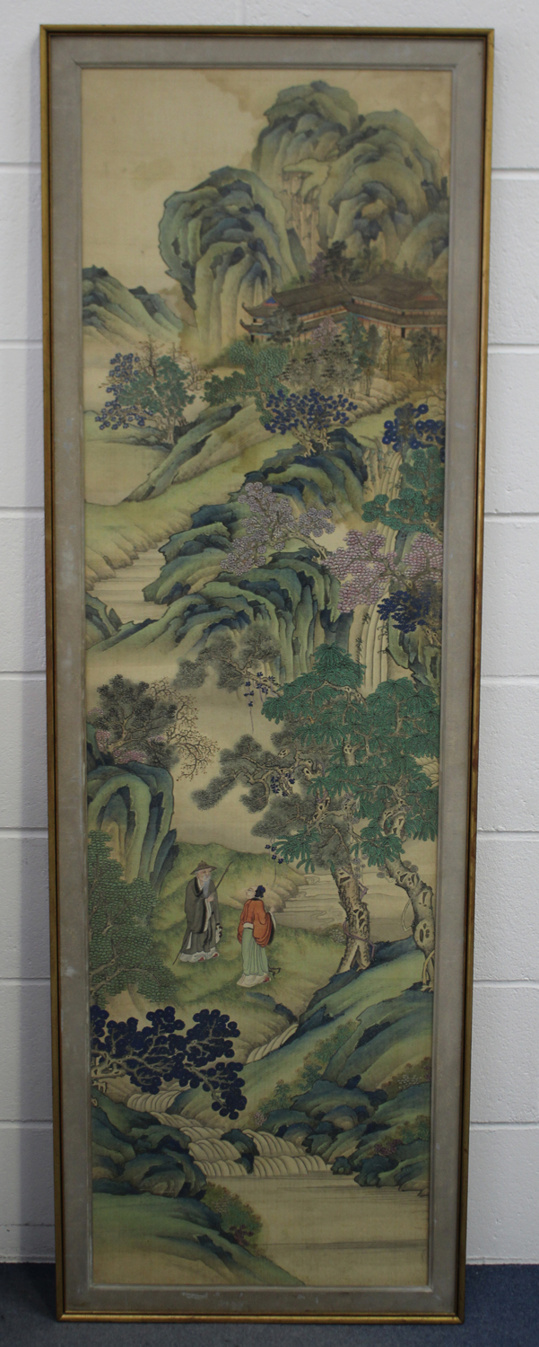 A Chinese watercolour painting on silk, early 20th century, depicting two figures standing in a