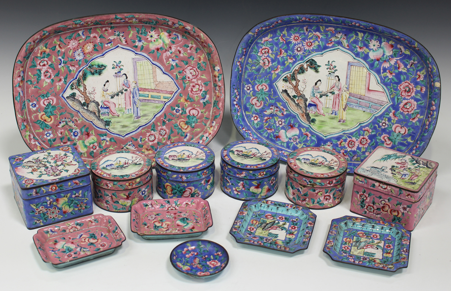 A collection of Chinese Canton enamel wares, 20th century, variously painted with figures in