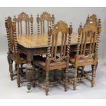 A set of six late Victorian oak dining chairs with carved decoration, each with a red leather seat