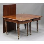 A William IV mahogany dining table with single extra leaf, the moulded top raised on turned and